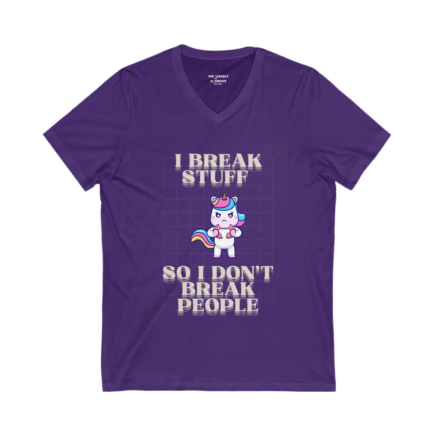 DCRR Custom Tee - I BREAK STUFF SO I DON'T BREAK PEOPLE - Unisex Jersey Short Sleeve V-Neck Tee