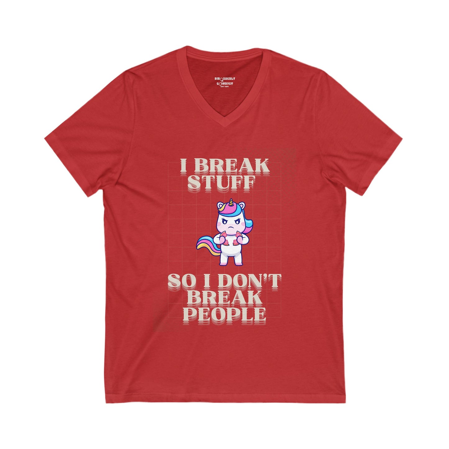 DCRR Custom Tee - I BREAK STUFF SO I DON'T BREAK PEOPLE - Unisex Jersey Short Sleeve V-Neck Tee
