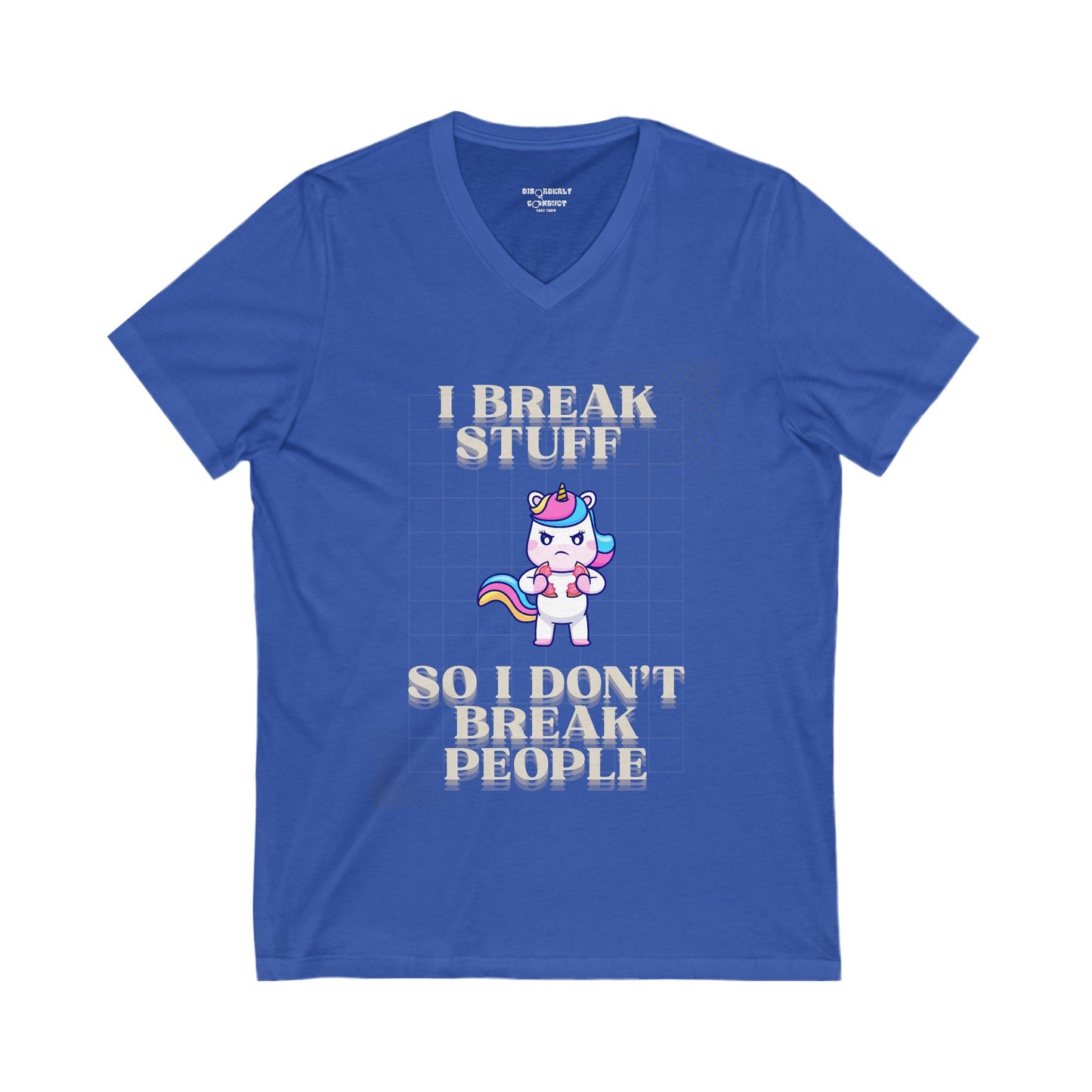 DCRR Custom Tee - I BREAK STUFF SO I DON'T BREAK PEOPLE - Unisex Jersey Short Sleeve V-Neck Tee