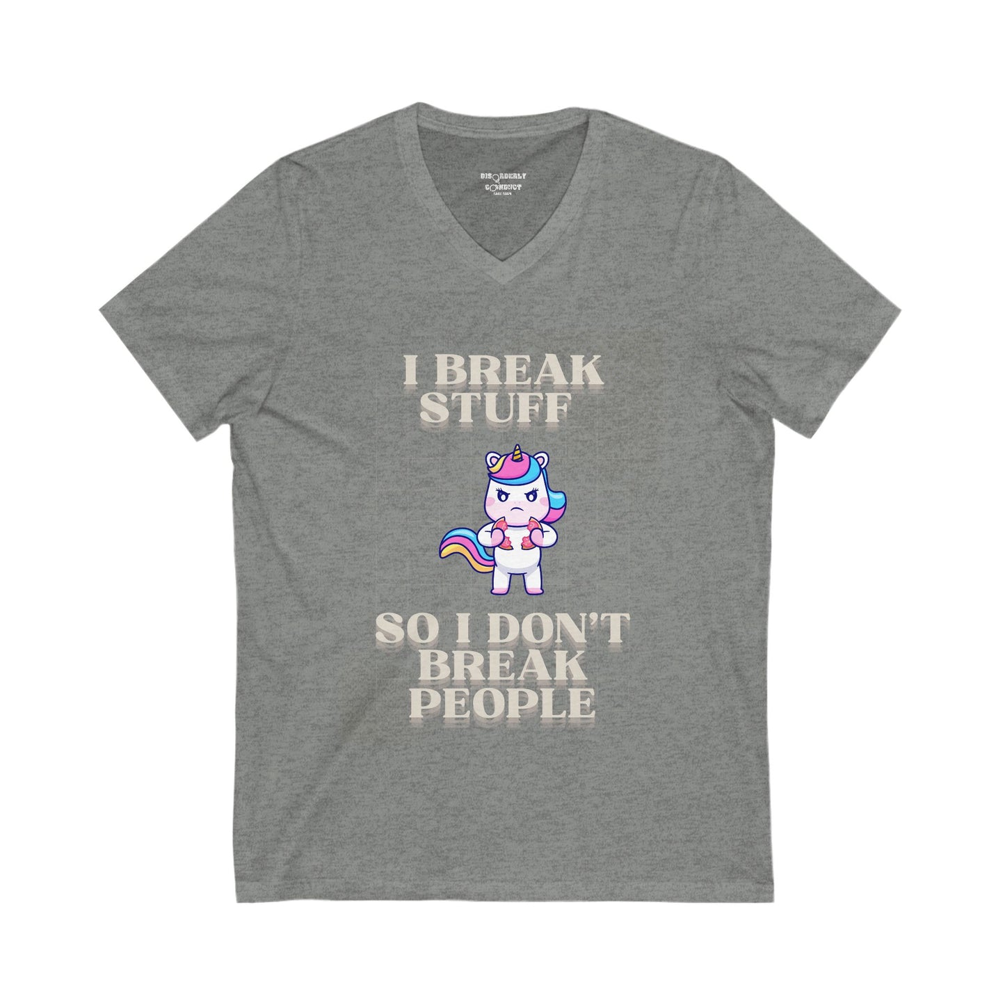 DCRR Custom Tee - I BREAK STUFF SO I DON'T BREAK PEOPLE - Unisex Jersey Short Sleeve V-Neck Tee