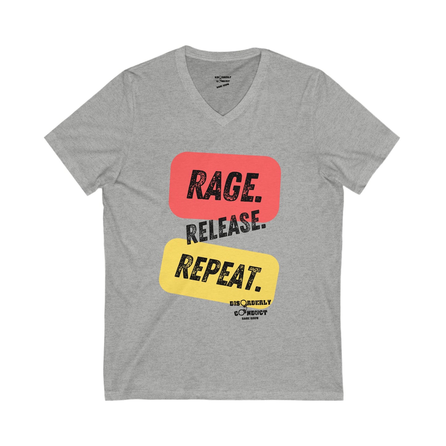 Disorderly Conduct Rage Rooms - RAGE. RELEASE. REPEAT. - Unisex Jersey Short Sleeve V-Neck Tee