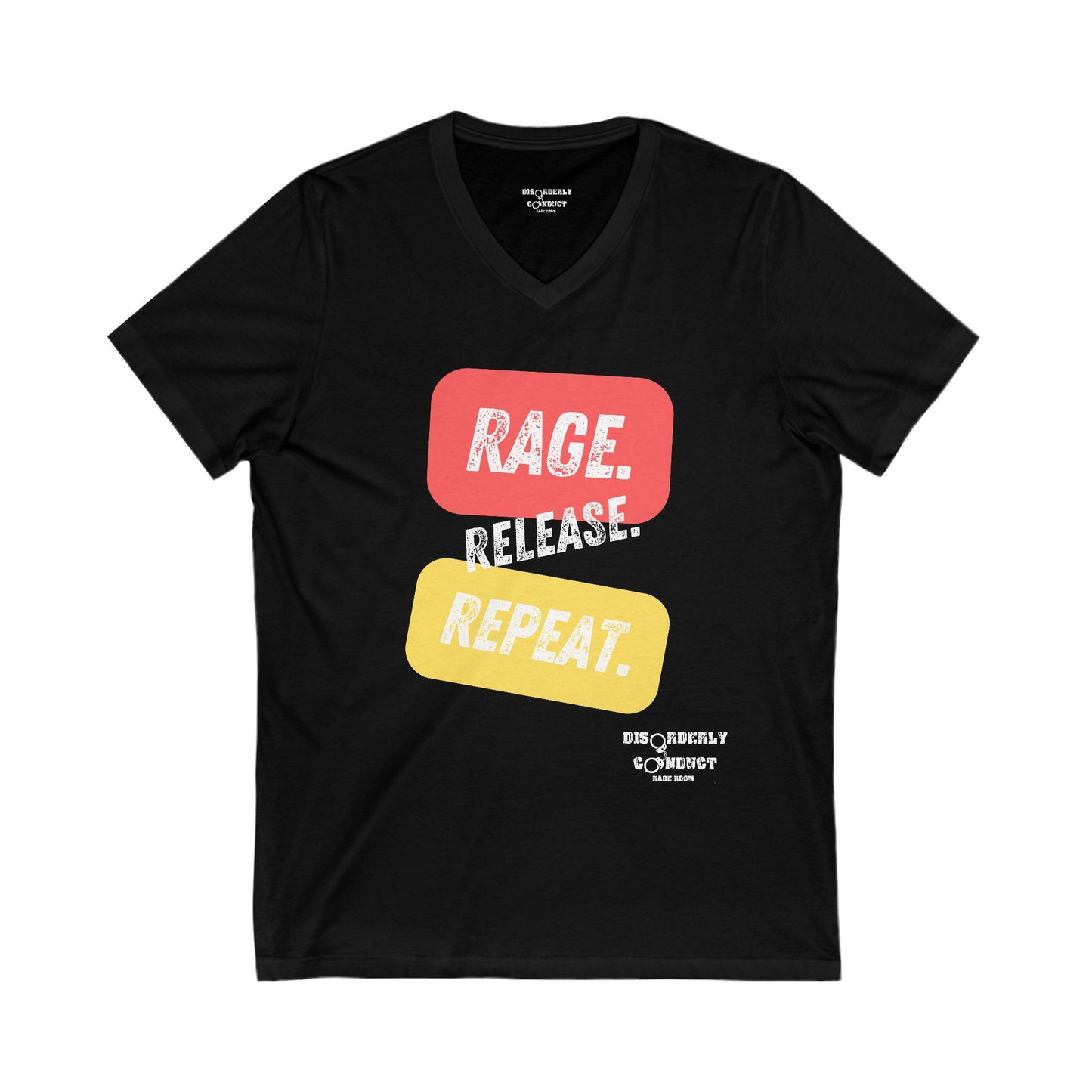 Disorderly Conduct Rage Rooms - RAGE. RELEASE. REPEAT. - Unisex Jersey Short Sleeve V-Neck Tee