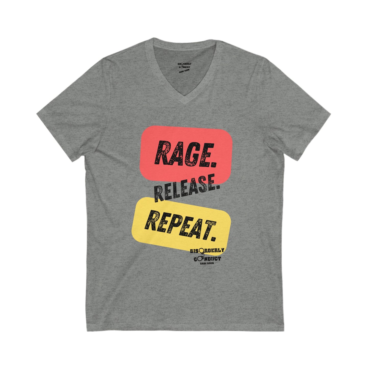 Disorderly Conduct Rage Rooms - RAGE. RELEASE. REPEAT. - Unisex Jersey Short Sleeve V-Neck Tee