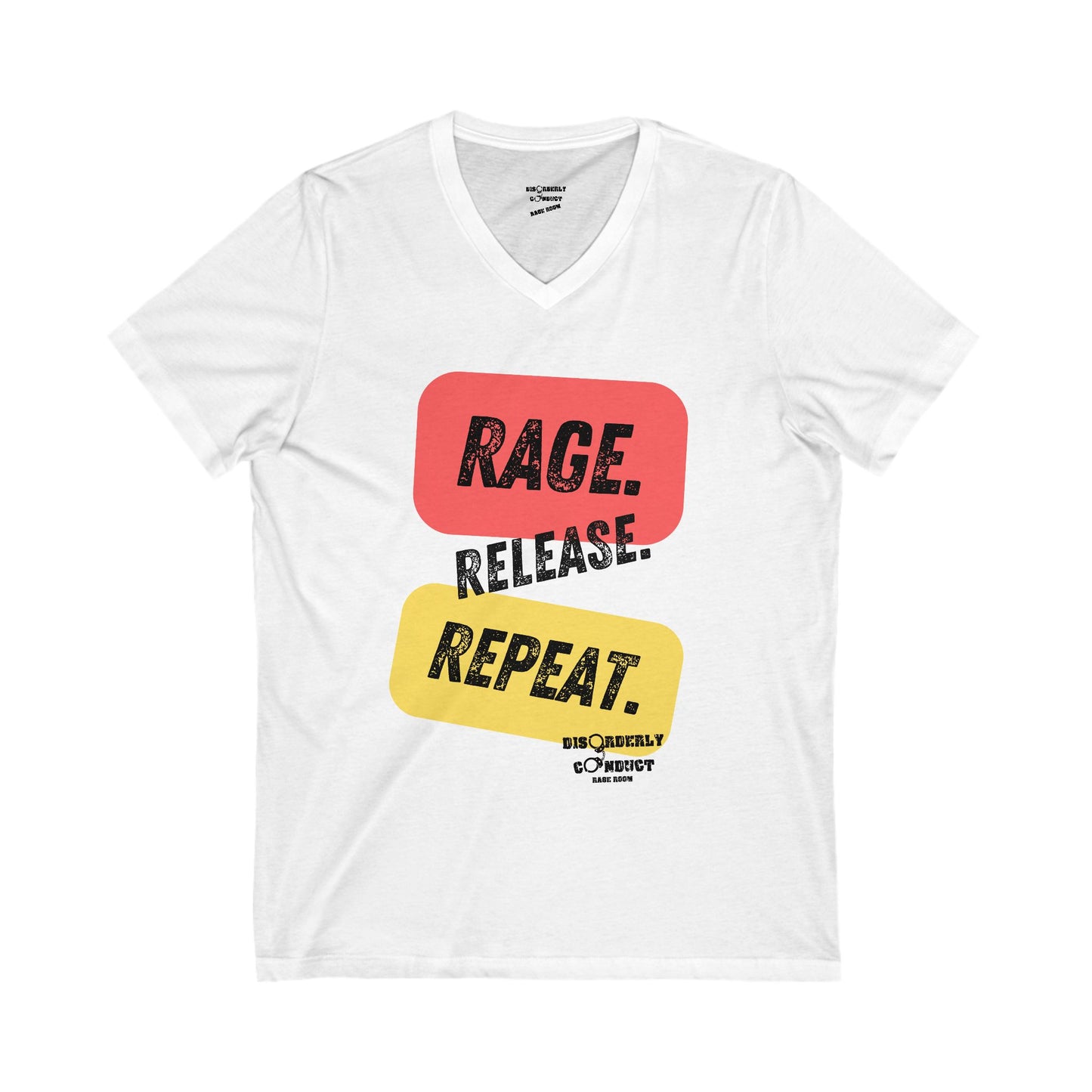 Disorderly Conduct Rage Rooms - RAGE. RELEASE. REPEAT. - Unisex Jersey Short Sleeve V-Neck Tee