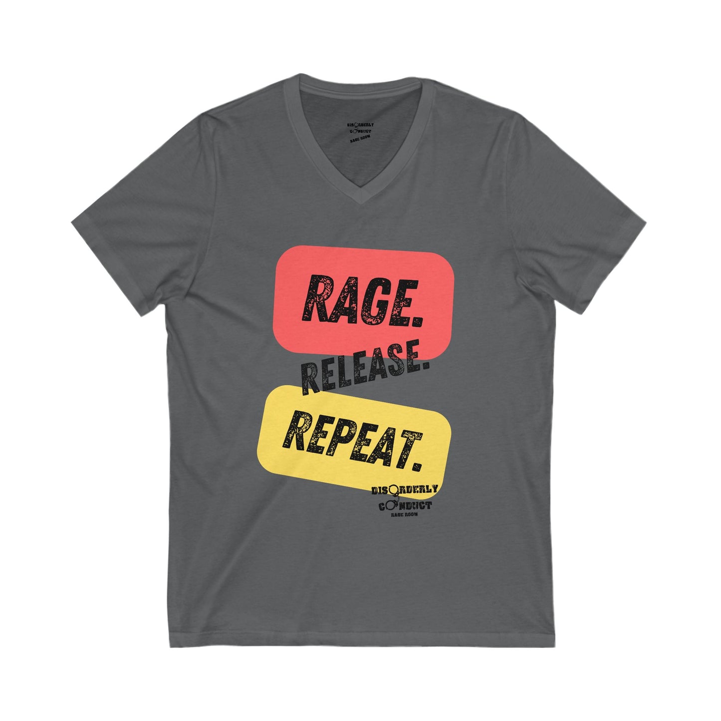 Disorderly Conduct Rage Rooms - RAGE. RELEASE. REPEAT. - Unisex Jersey Short Sleeve V-Neck Tee